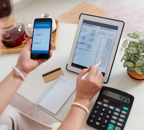 Woman checking brokerage account